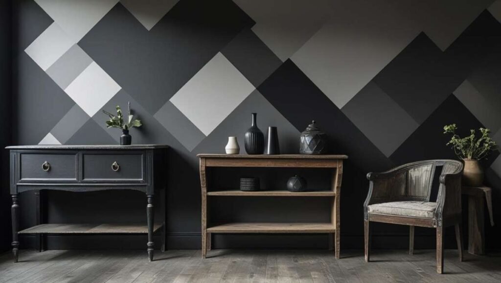 Affordable black bedroom decor using budget finds and DIY wallpaper