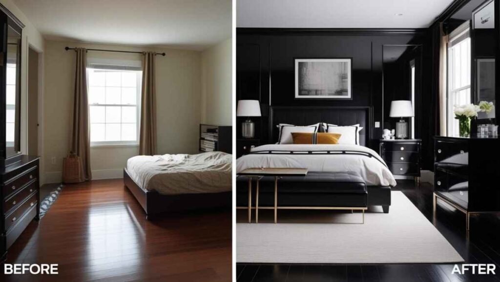 Bedroom transformation showing dramatic change using black interior design