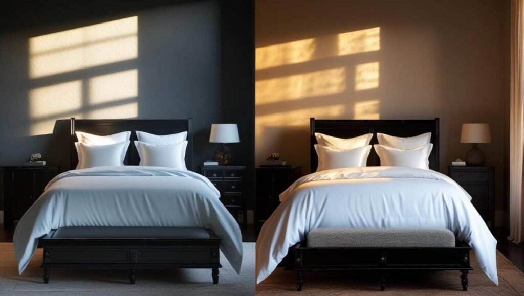 Black bedroom shown in natural daylight and evening amber light for mood comparison