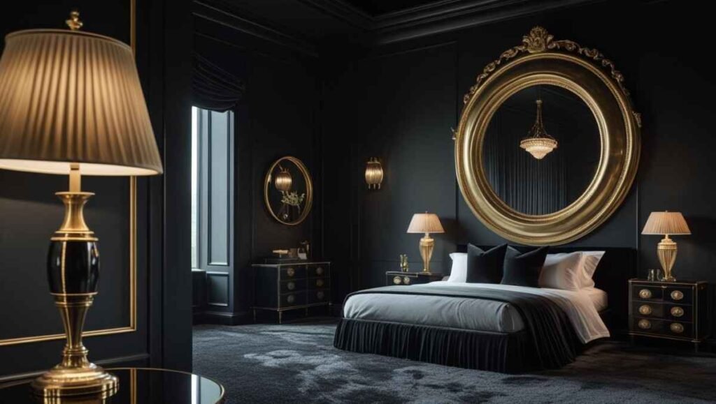 Black bedroom with round mirror and metallic gold accents for added brightness