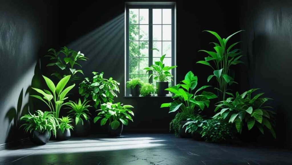 Black-walled bedroom with houseplants adding contrast and freshness