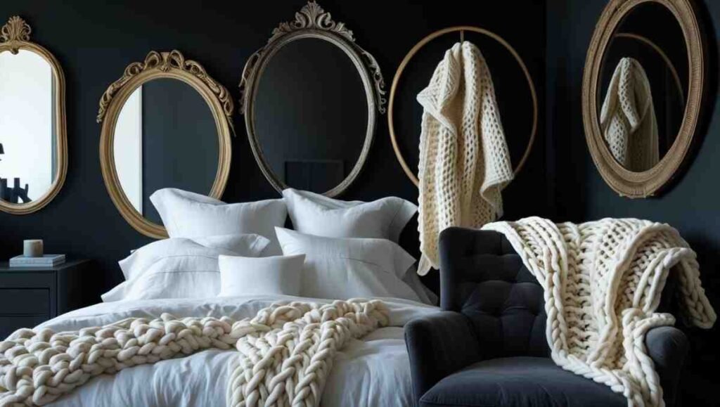 Contrasted bedroom featuring black walls, white bedding, and textured accessories