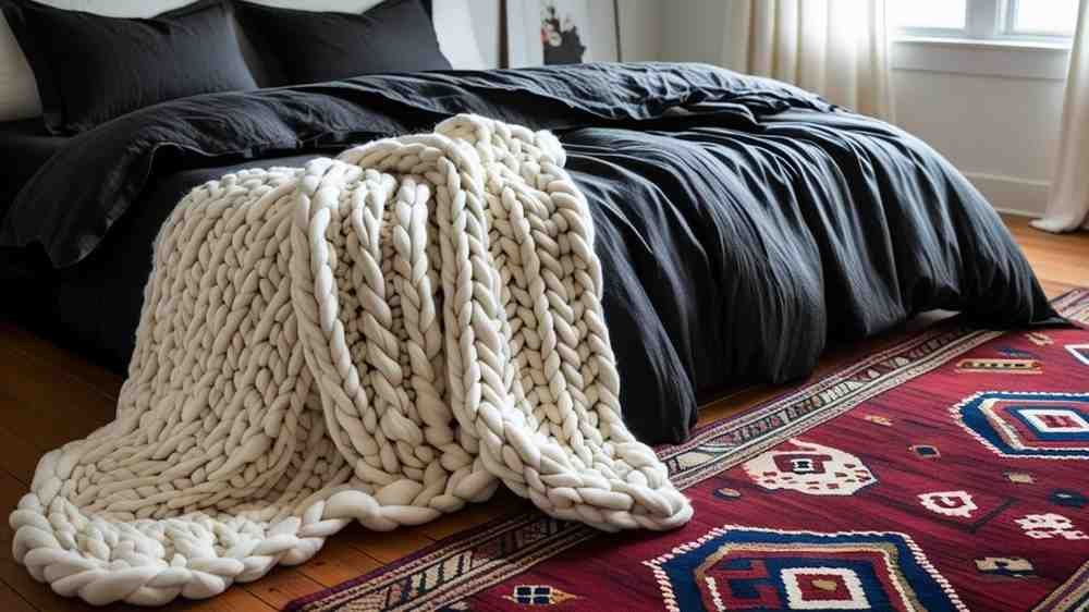 Cozy bed with dark linen sheets, textured throw, and a black and white rug