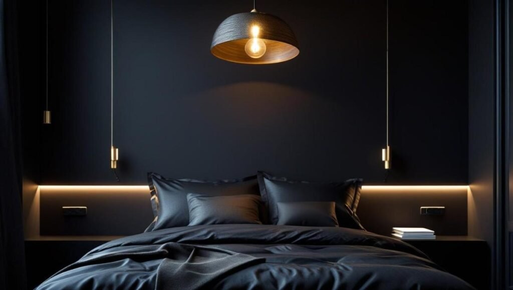 Dark bedroom with layered lighting including pendant, ambient, and task lights