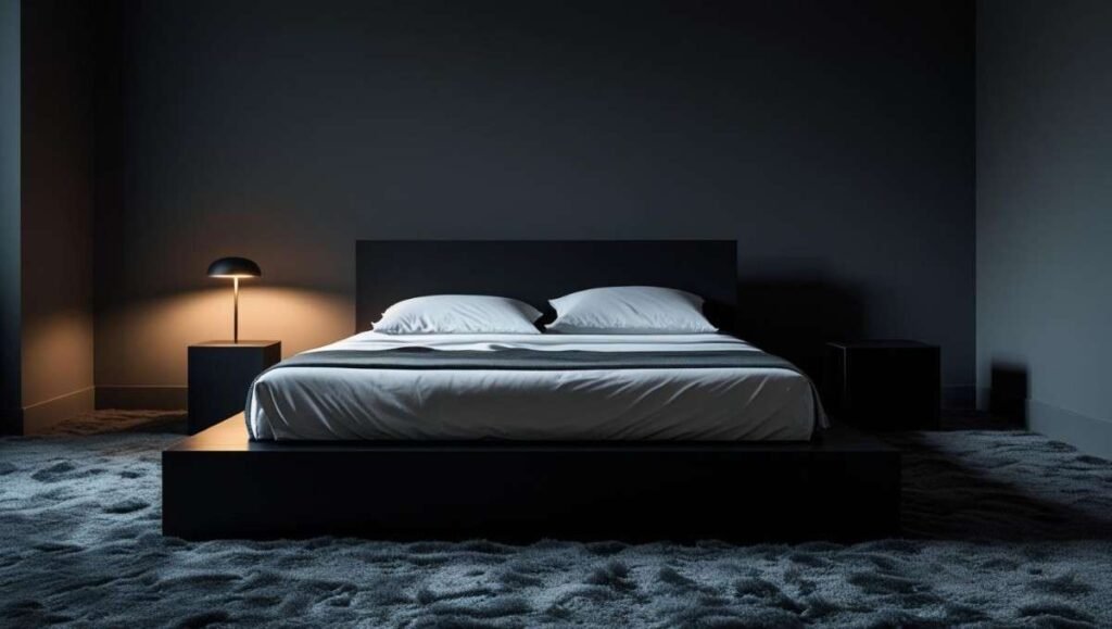 Gender-neutral black bedroom with minimalist design and soft tones