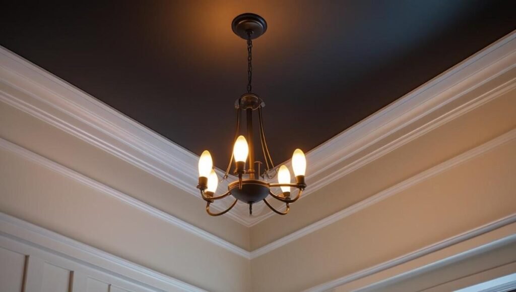 Interior design with black ceiling and white trim creating dramatic contrast