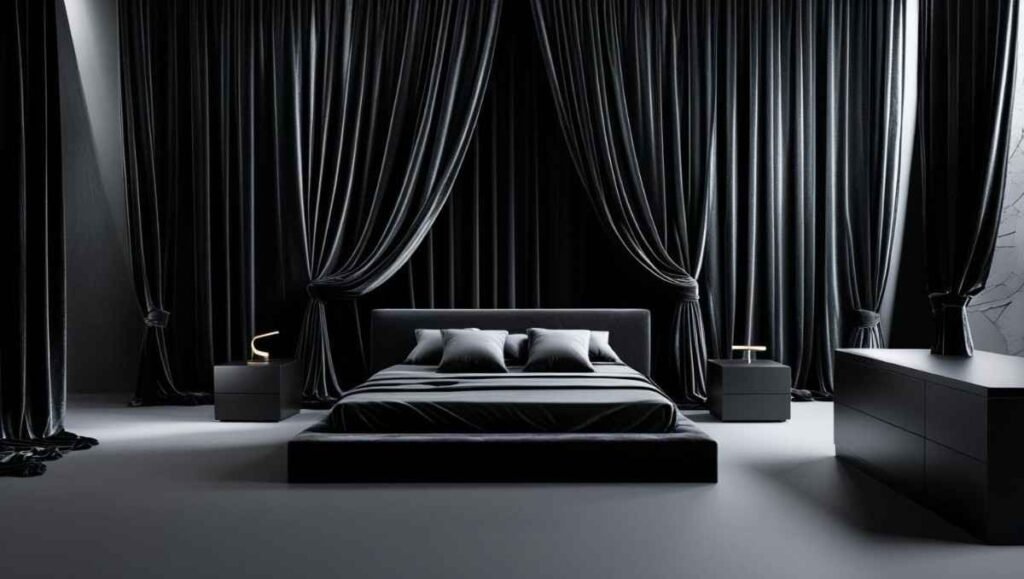 Modern bedroom with velvet black drapes and matte black furniture creating a cozy vibe