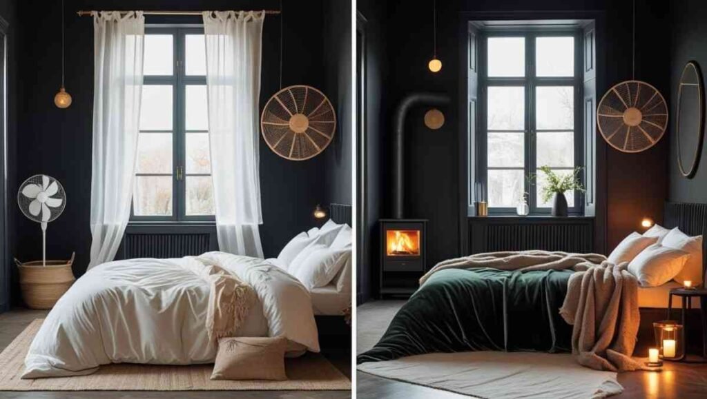 Seasonal black bedroom design showing summer and winter decor ideas