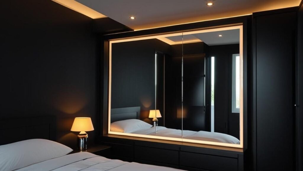Small black bedroom design with mirrors and clever lighting to enhance space