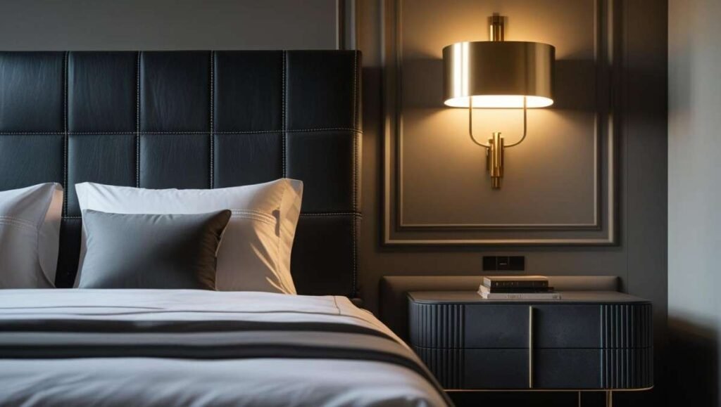 Stylish bedroom with black leather headboard, charcoal furniture, and golden lighting accents