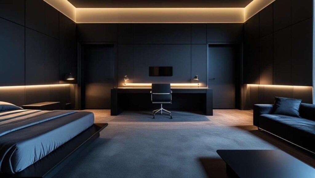 Zoning in a large black bedroom using furniture and color separation