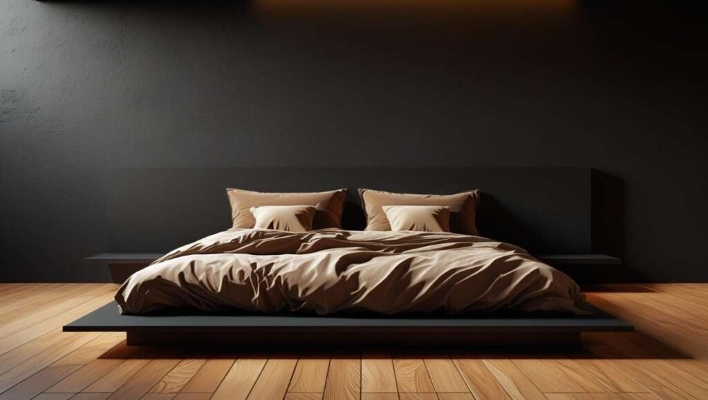 wall in a bedroom with wooden flooring and soft white textiles