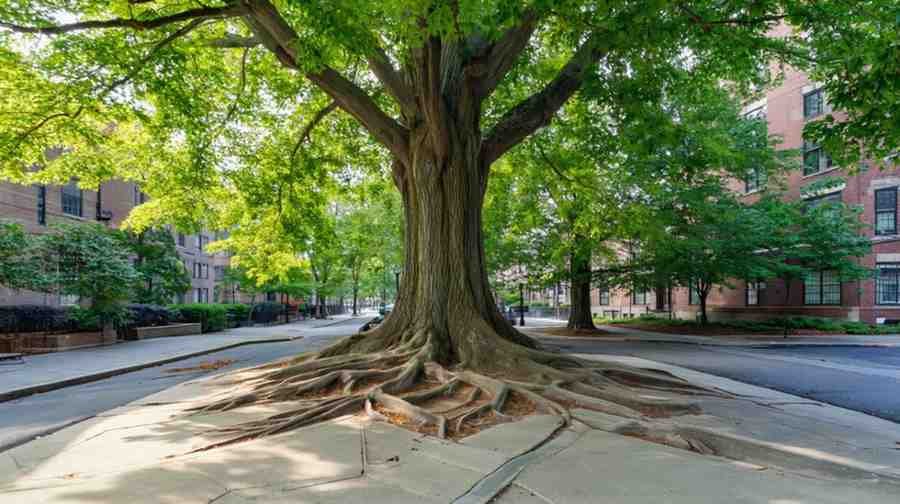 Fast-growing silver maple tree with aggressive roots near sidewalk