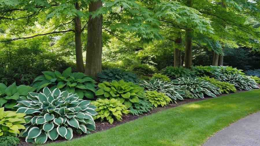 Ferns and hostas thriving under a mature celebration maple tree