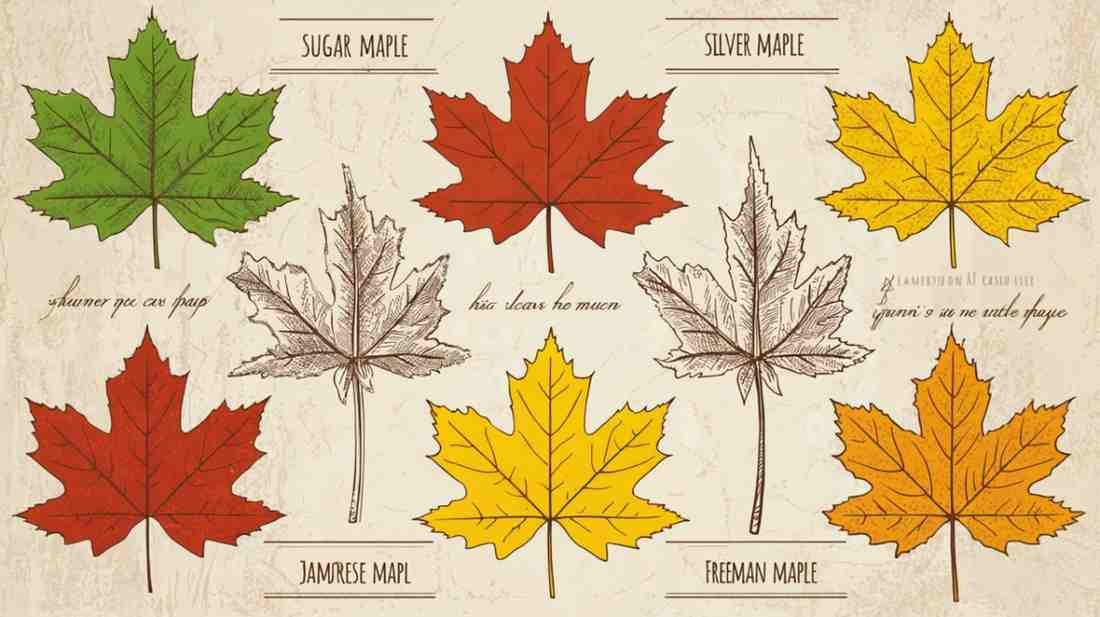 Infographic of six famous maple tree species with leaves and names.