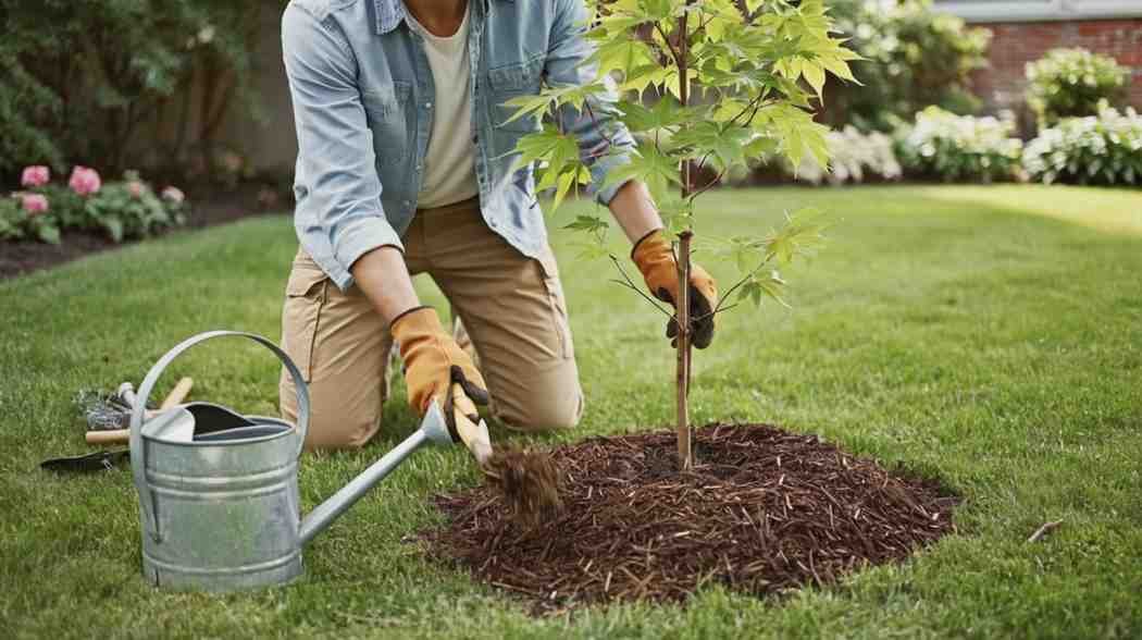 Maple tree care with mulching and proper planting practices.