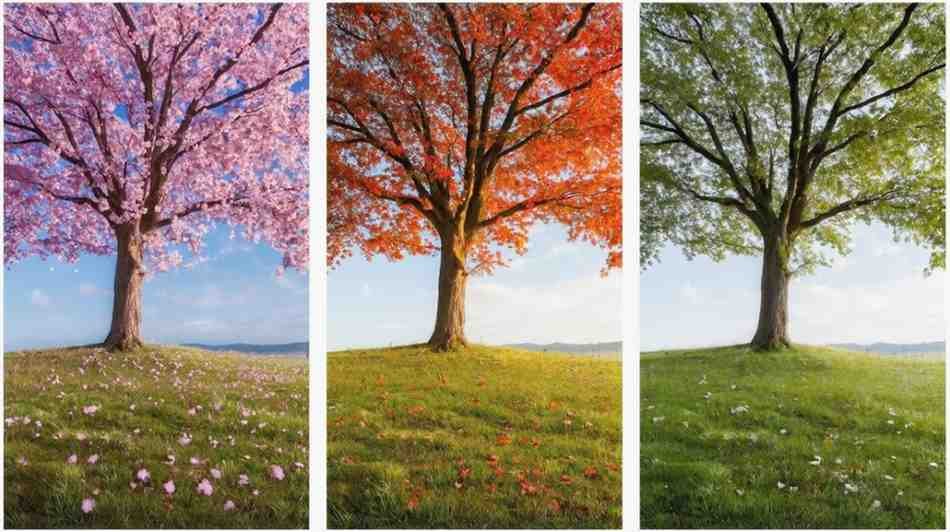 Maple tree through four seasons spring, summer, fall, and winter.