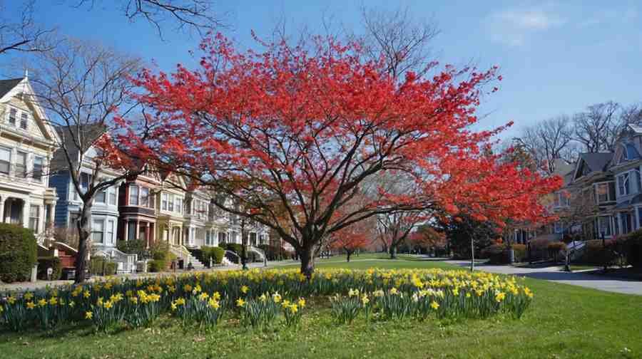Red maple tree blooming with red flowers in early spring.
