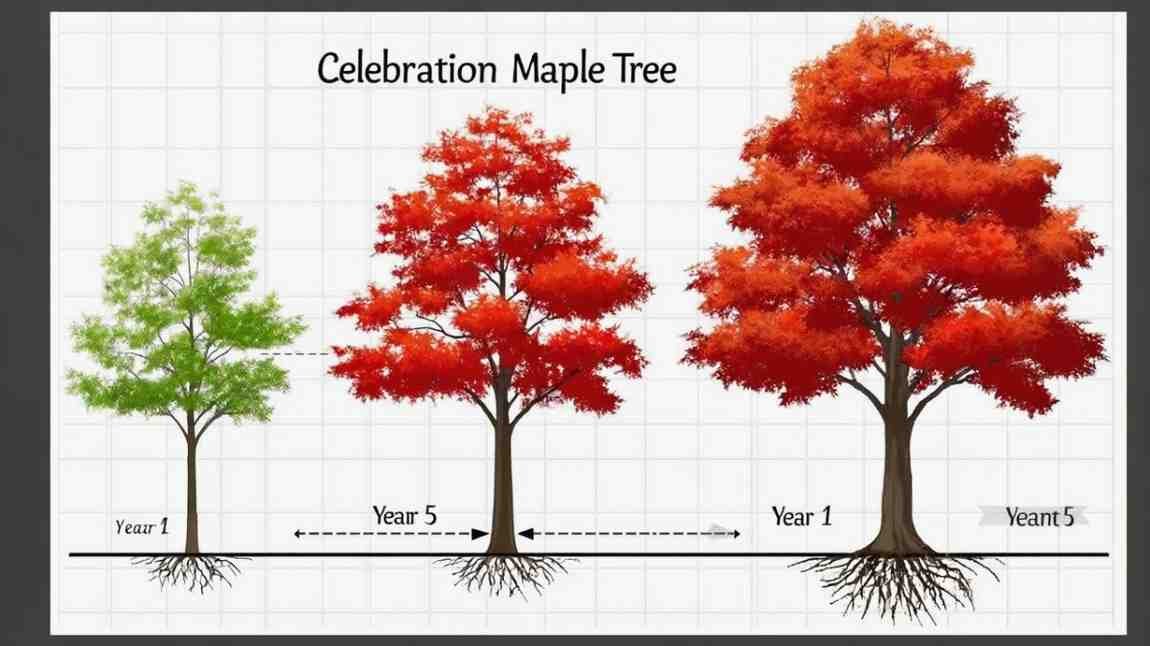 Timeline showing fast-growing celebration maple from sapling to full tree
